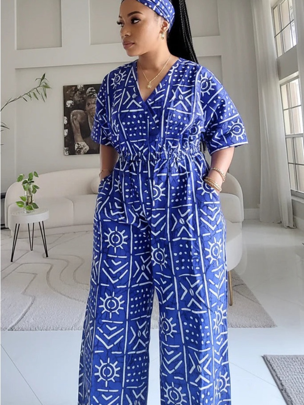 Blue Patterned Wide-Leg Jumpsuit with Elastic Waist and Matching Headwrap
